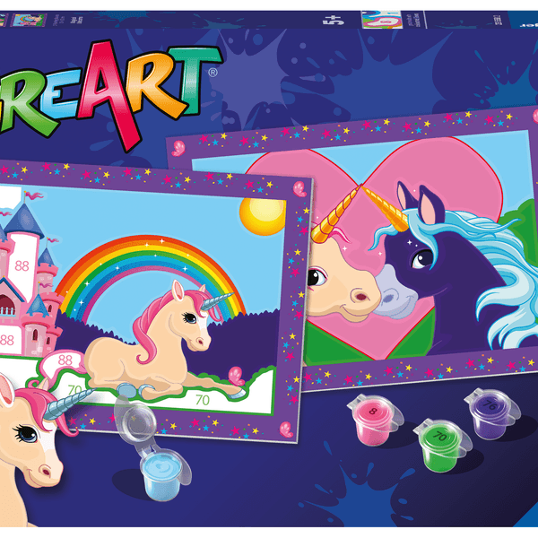Ravensburger - creart serie junior, unicorni, kit dipingere con i numeri, contiene 2 tavole prestampate, pennello, colori, gioco creativo per maschi e femmine dai 5+ anni di età - RAVENSBURGER