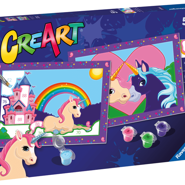 Ravensburger - creart serie junior, unicorni, kit dipingere con i numeri, contiene 2 tavole prestampate, pennello, colori, gioco creativo per maschi e femmine dai 5+ anni di età - RAVENSBURGER