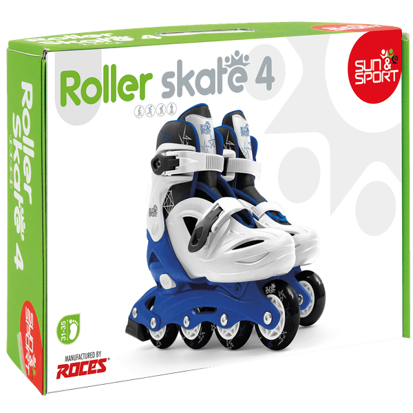 Pattini a 4 ruote con taglia regolabile e sistema frenante per bambini - misura 31-35, fibbie regolabili e imbottitura dello stivale - disponibile in blu e rosa - SUN&SPORT