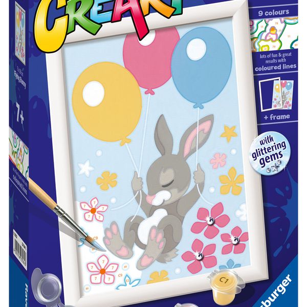 Ravensburger - creart serie d: coniglietto con palloncini, kit per dipingere con i numeri, contiene una tavola prestampata, pennello, colori e accessori, gioco creativo per bambini 7+ anni - CREART, RAVENSBURGER