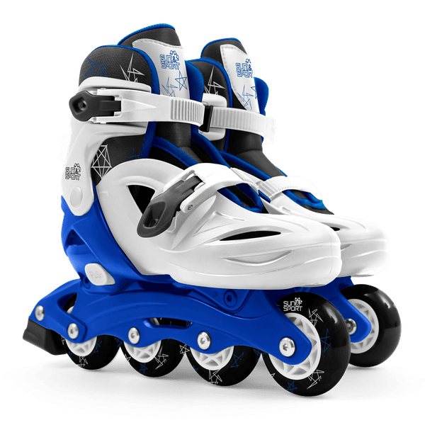 Pattini a 4 ruote con taglia regolabile e sistema frenante per bambini - misura 31-35, fibbie regolabili e imbottitura dello stivale - disponibile in blu e rosa - SUN&SPORT