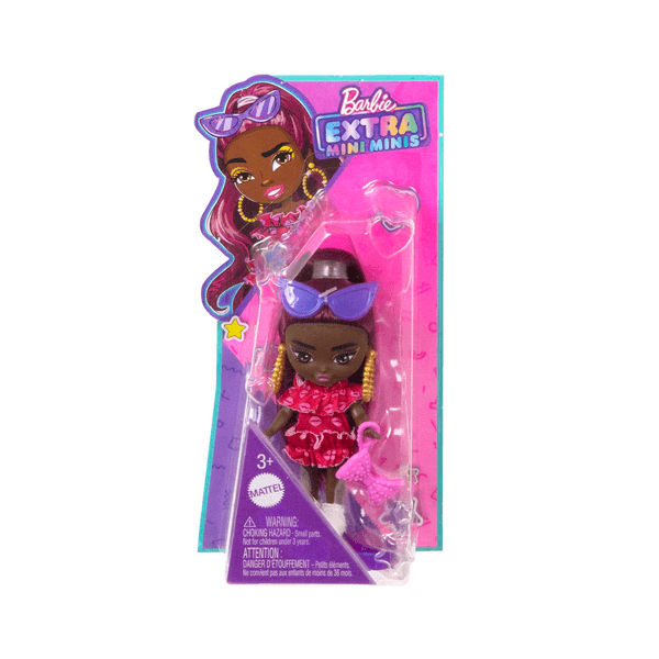 Barbie - barbie extra mini minis, bambola con capelli bordeaux e occhiali da sole, abito rosso con volant, vestiti e accessori, giocattolo per bambini, 3+ anni, hln47 - Barbie