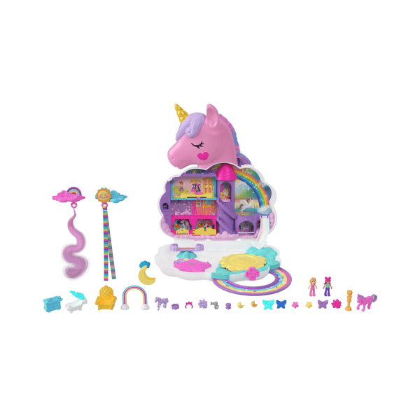 Polly pocket - salone di bellezza unicorno arcobaleno, playset con unicorno arcobaleno dalla testa pettinabile, 2 micro bambole e 20+ accessori, giocattolo per bambini, 4+ anni, hkv51 - Polly Pocket