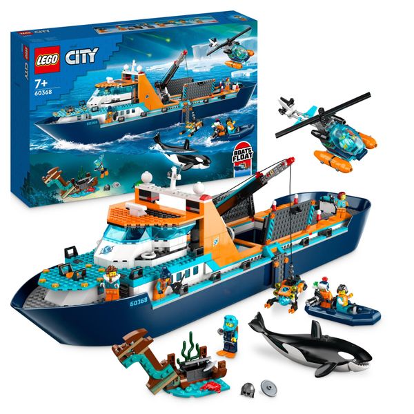 Lego city 60368 esploratore artico, grande nave giocattolo galleggiante con elicottero, gommone, sottomarino e relitto barca - LEGO CITY, Lego