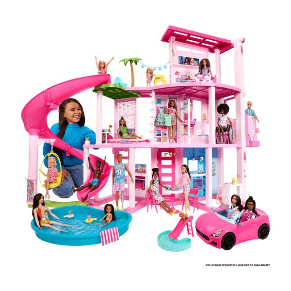 Barbie - casa dei sogni di barbie, playset casa delle bambole con piscina, scivolo a 3 piani, ascensore e aree di gioco per cuccioli, 75+ accessori, 3+ anni, hmx10 - Barbie
