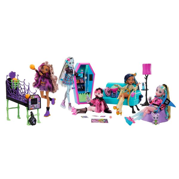 Monster high playset salone degli studenti con mobili, accessori a tema, 2 animali domestici e distributore automatico funzionante - Monster High