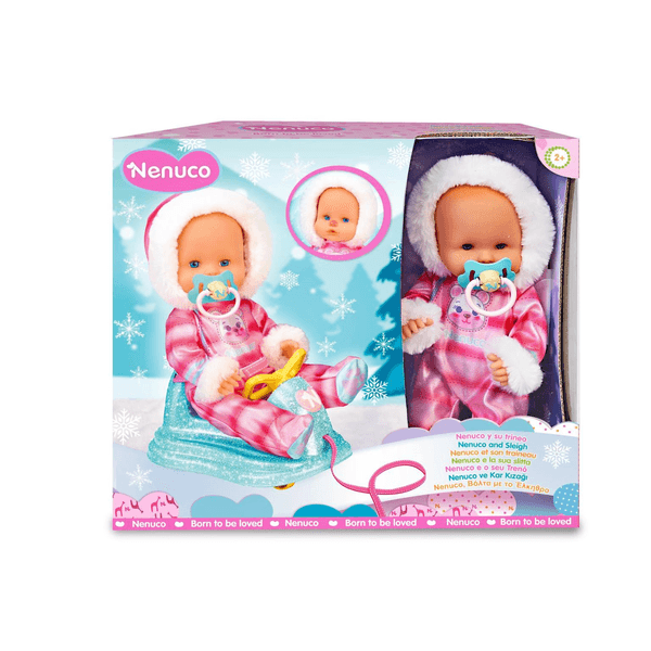 Nenuco e la sua slitta, bambola 35 cm, con slitta trainabile, il nasino diventa rosso con il freddo - NENUCO