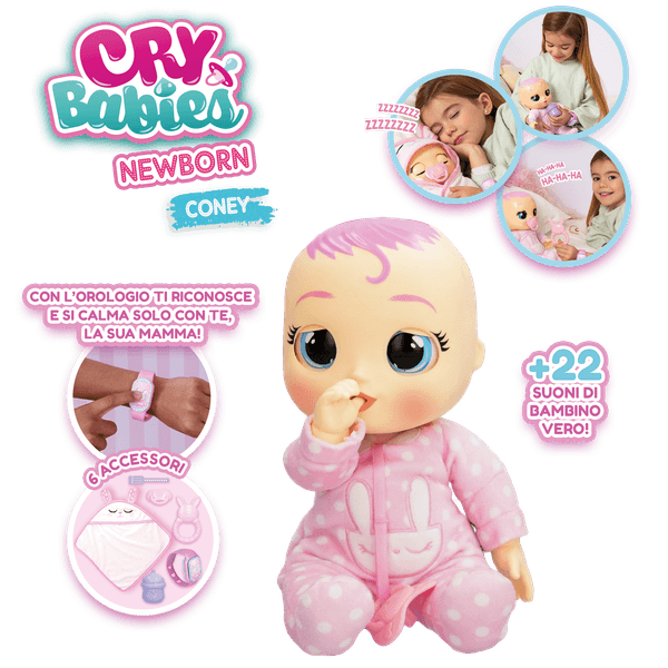 Cry babies newborn coney, bambola interattiva di una vera neonata, mangia, piange e si calma e ride solo con te, grazie al braccialetto elettronico - CRY BABIES