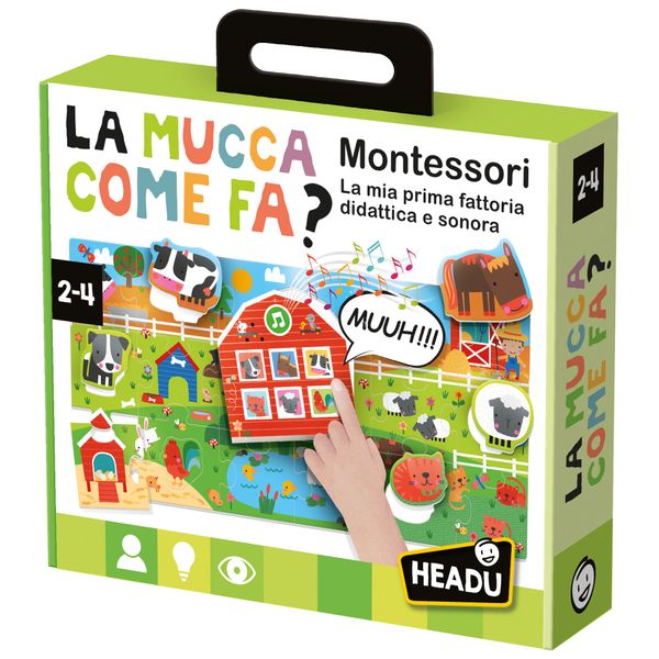 La mucca come fa montessori.	la mia prima fattoria didattica e sonora. designed in italy - HEADU