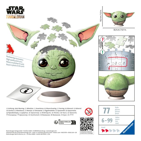 Ravensburger - 3d puzzle grogu con le orecchie, 72 pezzi, 6+ anni - RAVENSBURGER 3D PUZZLE, Star Wars