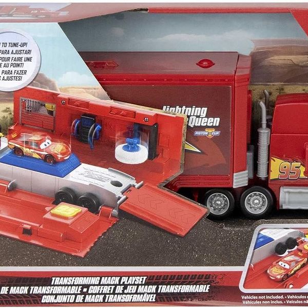 Disney pixar cars - mack trasformabile playset, giocattolo 2 in 1 con camion e officina per la messa a punto, con lanciatore, ponte , giocattolo per bambini 3+ anni - Cars