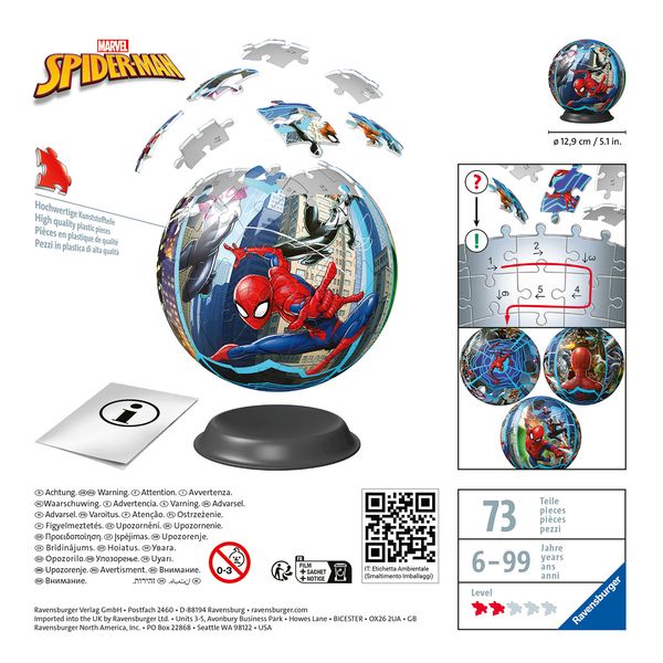 Ravensburger - 3d puzzle puzzle ball spiderman, 72 pezzi, 6+ anni - RAVENSBURGER 3D PUZZLE, Avengers, Spiderman