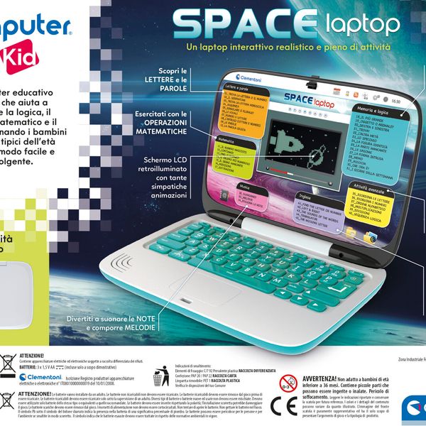 Space laptop clementoni interattivo educativo per bambini - 45 attività - schermo lcd retroilluminato - apprendimento lingua inglese - CLEMENTONI