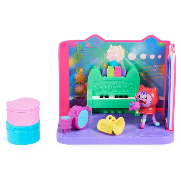 Gabby's dollhouse, groovy music room con personaggio daniel james catnip, 2 accessori, 2 mobili e 2 scatole con sorpresa, giocattoli per bambini dai 3 anni in su - GABBY'S DOLLHOUSE