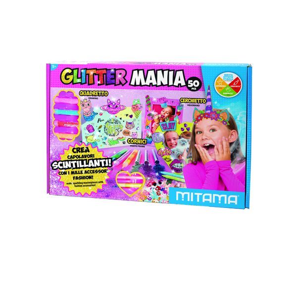 Glitter mania mitama 50 pezzi, contenuto : 6 pennarelli glitter, 10 tubetti glitter, 4 colle glitter, 2 colle liquide, 1 quadretto, 1 cornice, 1 cerchietto unicorno, 20 bustine con accessori glitter, 4 ganci cornice, - MITAMA