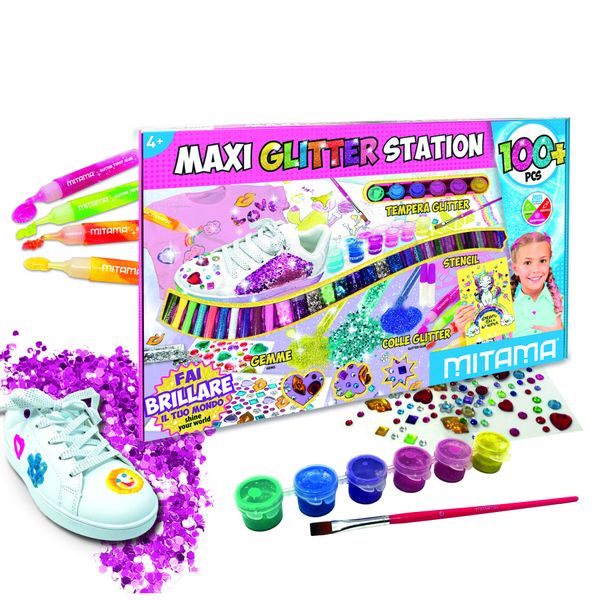 Maxi glitter station mitama 100 pezzi. contenuto : 29 polverine glitter, 6 tempera glitter, 1 pennello, 4 colle glitter, 3 colle per polverine glitter, 56 gemme, 4 stencil - MITAMA