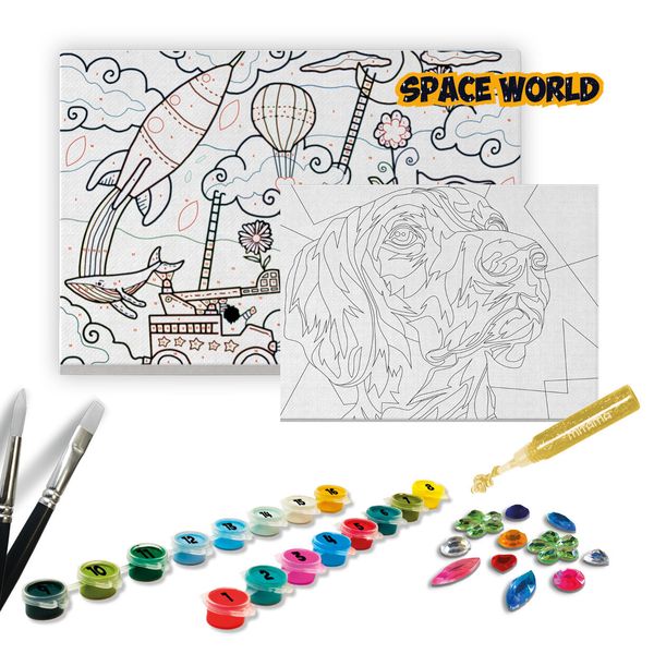Super paint lab kit 16 col. acrilici c/pennello, 2 tele, gemme, glitter - 