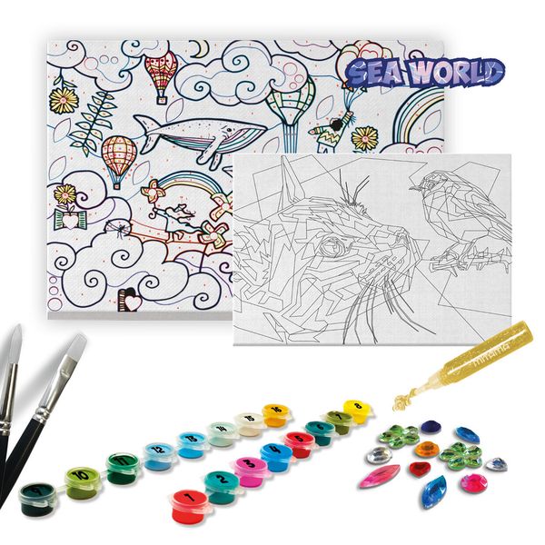 Super paint lab kit 16 col. acrilici c/pennello, 2 tele, gemme, glitter - 