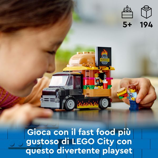 Lego city 60404 furgone degli hamburger giocattolo, veicolo per bambini 5+ anni, camion food truck con accessori e 2 minifigure - LEGO CITY, LEGO