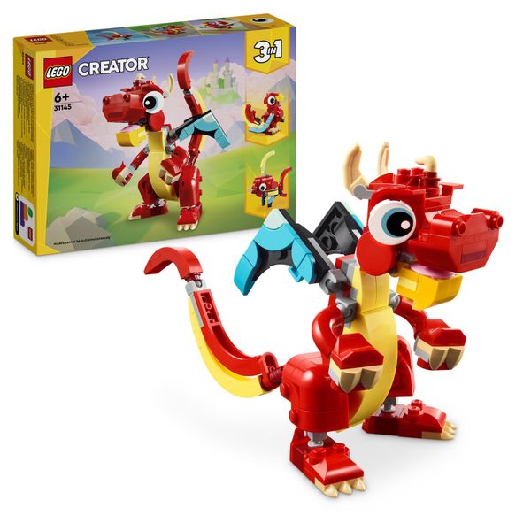 Lego creator 31145 3in1 drago rosso, giochi per bambini di 6+ anni, action figure ricostruibile in pesce e fenice giocattolo - LEGO CREATOR, Lego