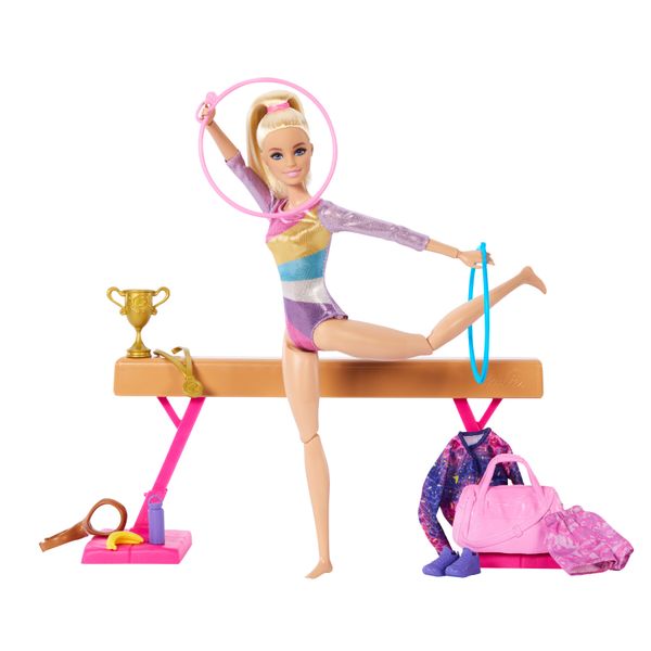 Barbie - ginnastica artistica, playset con bambola ginnasta bionda in tuta e 10 accessori inclusi - Barbie