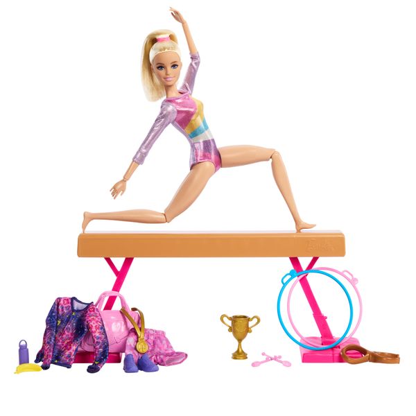 Barbie - ginnastica artistica, playset con bambola ginnasta bionda in tuta e 10 accessori inclusi - Barbie