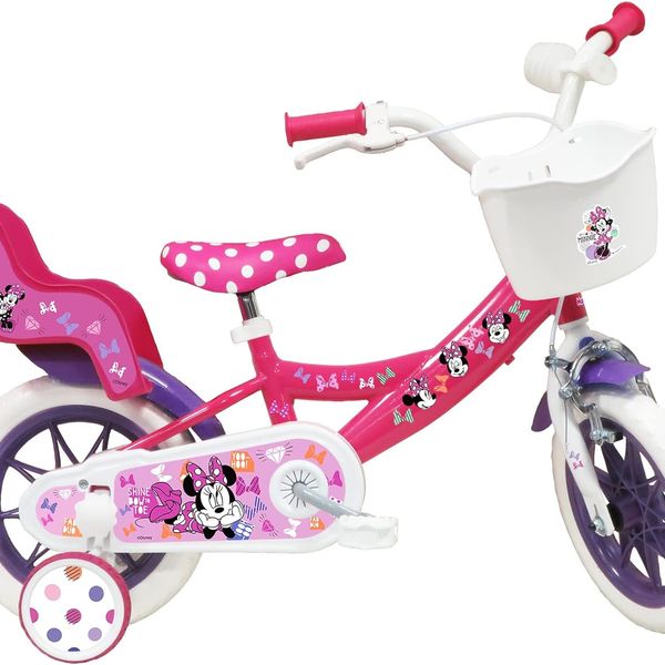 Bicicletta da 12 pollici di minnie, con stabilizzatori laterali, cestino anteriore personalizzato - Minnie