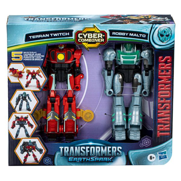 Transformers earthspark, cyber-combiner, action figure robot di twitch terrestre e robby malto - Transformers