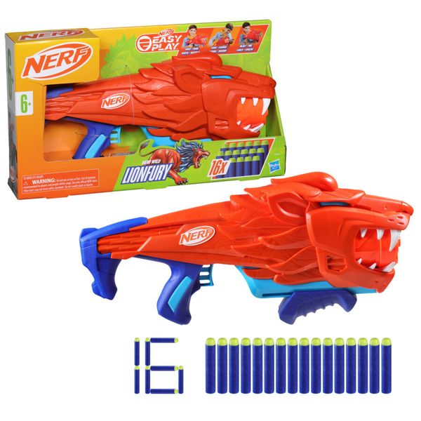 Nerf junior wild - lionfury, blaster a forma di leone, facile da usare - NERF