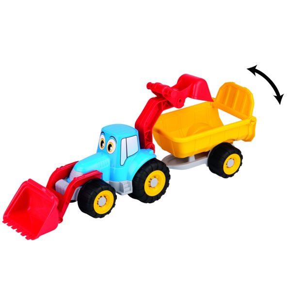 Trattorino con rimorchio con ruote soft cm 30. due "braccia" con benne movibili . cassone staccabile e ribaltabile - 