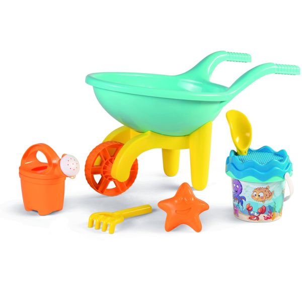 Carriola con set mare happy fish composto da secchiello decorato annaffiatoio setaccio paletta rastrello e una formina - 