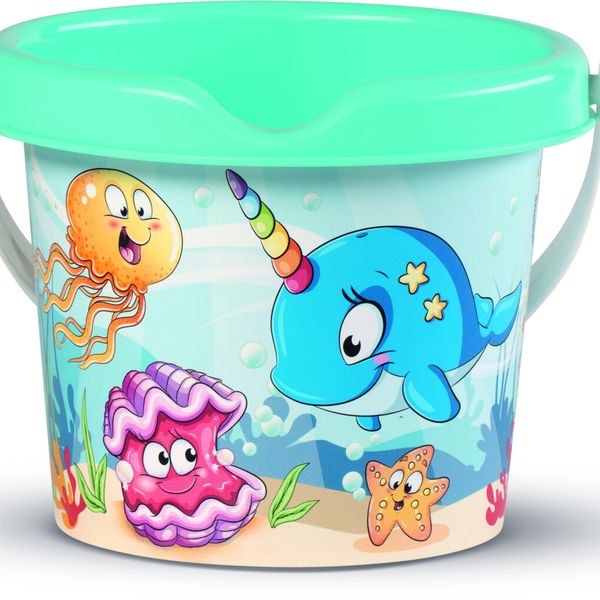 Carriola con set mare happy fish composto da secchiello decorato annaffiatoio setaccio paletta rastrello e una formina - 