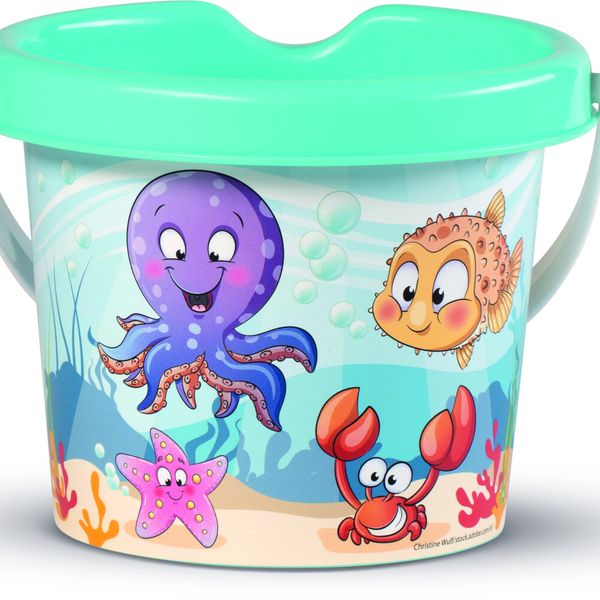 Carriola con set mare happy fish composto da secchiello decorato annaffiatoio setaccio paletta rastrello e una formina - 