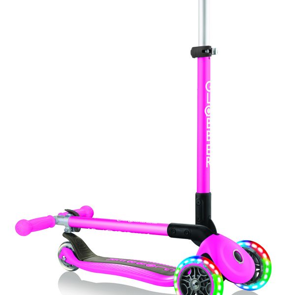 Globber primo foldable lights: monopattino 3 ruote rosa neon - per bambini 3-7 anni - GLOBBER