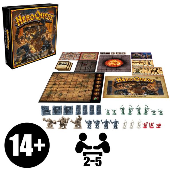 Avalon hill, heroquest, pack delle imprese l'orda degli ogre, dai 14 anni in su, da 2 a 5 giocatori, per giocare è necessario avere il sistema di gioco base heroquest - 
