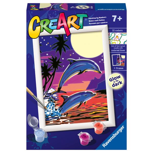 Ravensburger - creart serie e delfini al chiaro di luna - kit dipingere con i numeri - contiene una tavola prestampata, pennello, colori- 7+ anni - CREART, RAVENSBURGER