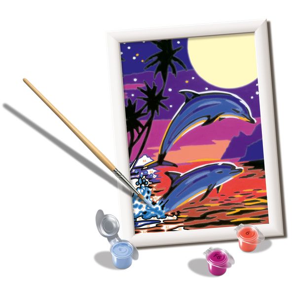 Ravensburger - creart serie e delfini al chiaro di luna - kit dipingere con i numeri - contiene una tavola prestampata, pennello, colori- 7+ anni - CREART, RAVENSBURGER