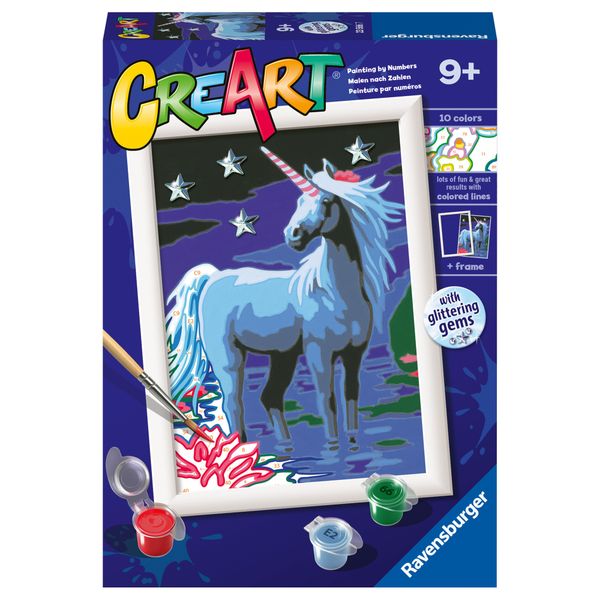 Ravensburger - creart serie e magico unicorno - kit pittura con numeri - contiene una tavola prestampata, pennello, colori - 9+ anni - CREART, RAVENSBURGER