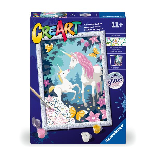 Ravensburger - creart serie d unicorni glitter - kit pittura con numeri - contiene una tavola prestampata, pennello, colori - 11+ anni - CREART, RAVENSBURGER