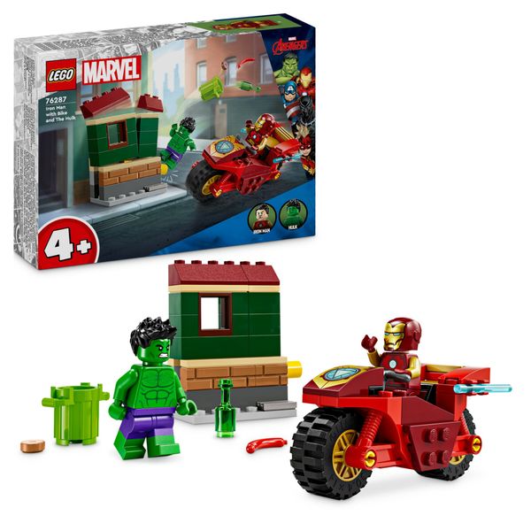 Lego marvel 76287 iron man con moto e the hulk, giocattolo con 2 minifigure di supereroi avengers, giochi per bambini 4+ - Lego, MARVEL
