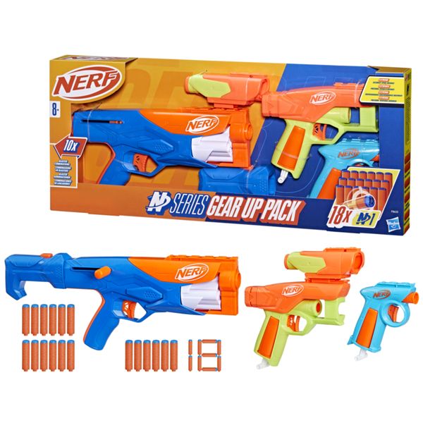 Nerf n- series - gear up pack, confezione da 3 blaster, 18 dardi nerf n1, giocattoli per giochi all'aperto per bambini e bambine dagli 8 anni in su - NERF