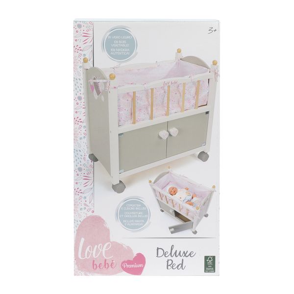 Lettino in legno con guardaroba per bambole – elegante e sostenibile con ruote e accessori inclusi - love bebè - LOVE BEBÈ, SUPERSTAR
