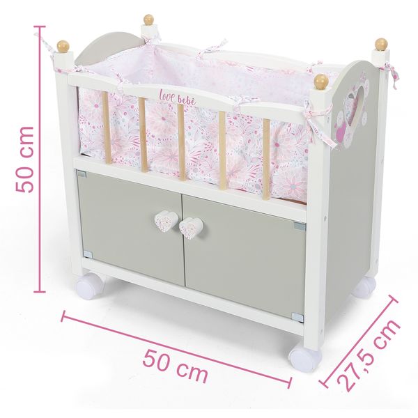 Lettino in legno con guardaroba per bambole – elegante e sostenibile con ruote e accessori inclusi - love bebè - LOVE BEBÈ, SUPERSTAR