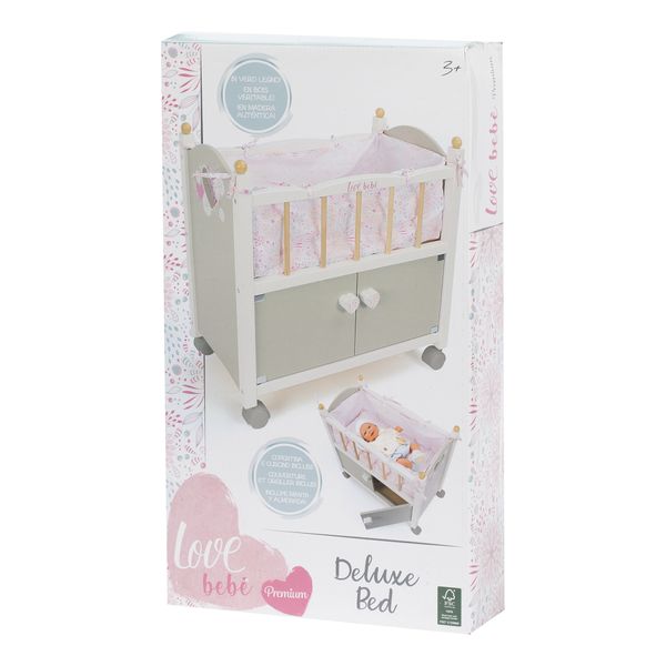 Lettino in legno con guardaroba per bambole – elegante e sostenibile con ruote e accessori inclusi - love bebè - LOVE BEBÈ, SUPERSTAR