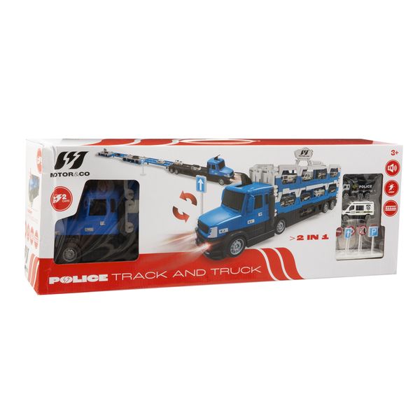 Camion della polizia motor&co. 2 in 1 -trasportatore e pista con lanciatore, trasporta e gareggia! - MOTOR & CO., SUPERSTAR