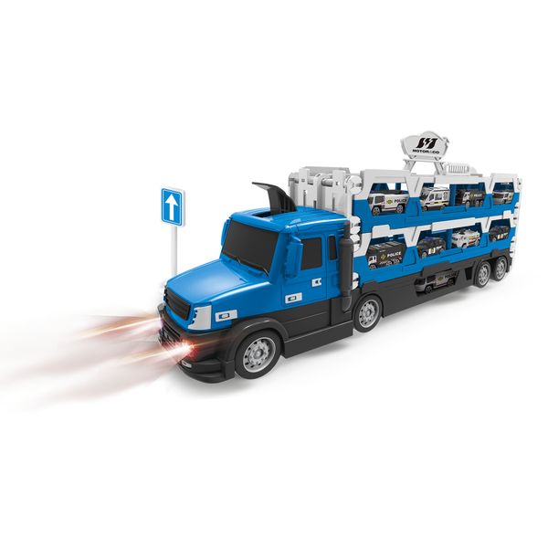 Camion della polizia motor&co. 2 in 1 -trasportatore e pista con lanciatore, trasporta e gareggia! - MOTOR & CO., SUPERSTAR