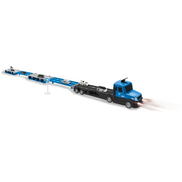 Camion della polizia motor&co. 2 in 1 -trasportatore e pista con lanciatore, trasporta e gareggia! - MOTOR & CO., SUPERSTAR