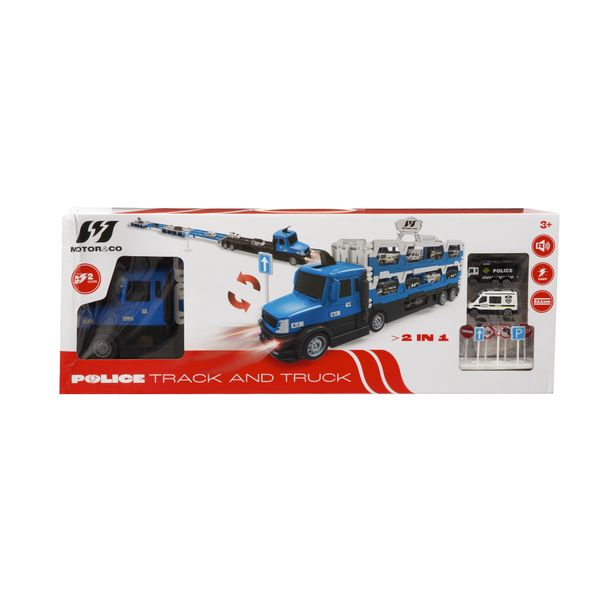 Camion della polizia motor&co. 2 in 1 -trasportatore e pista con lanciatore, trasporta e gareggia! - MOTOR & CO., SUPERSTAR
