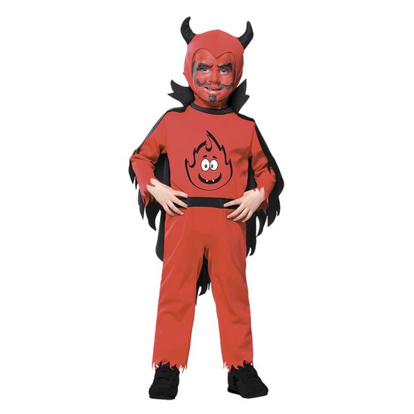 Costume diavoletto baby per halloween disponibile in diverse taglie - tuta, mantello e cuffia staccabile in tessuto jersey elasticizzato, lavabile a mano - CARNAVAL QUEEN