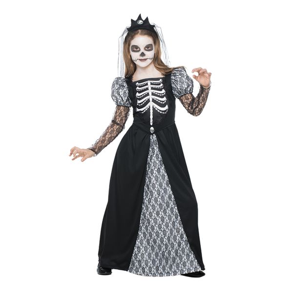 Costume elegante scheletra per bambina - tessuto jersey elasticizzato con pizzo, stampa e gioielli - abito lungo con copricapo e corona -  disponibile in diverse taglie - CARNAVAL QUEEN